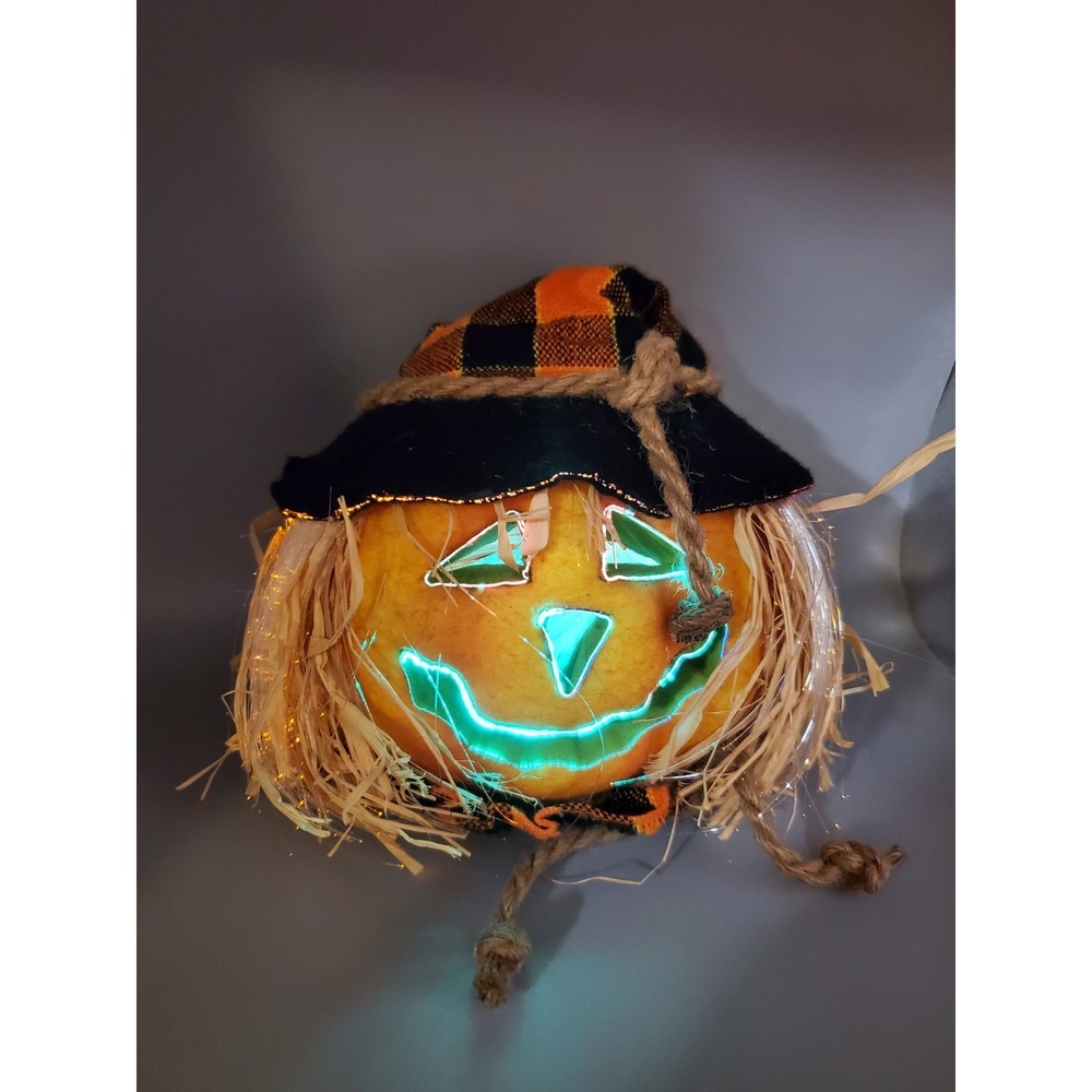 Halloween Pumpkin LED Light-Up Jack-O-Lantern With Straw Hat & Checkered Hat